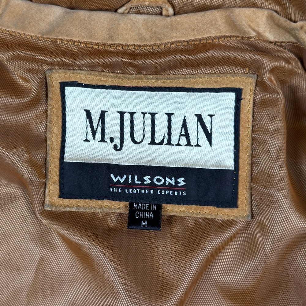 M. Julian Wilsons Tan Suede Leather Bomber Jacket Women’s Medium Hooded Full Zip - Picture 7 of 14
